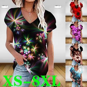 여자 T 셔츠 2023 여자 인쇄 V- 넥 여름 티셔츠 풀오버 쇼트 슬리브 플러스 사이즈 탑 XS-9XL