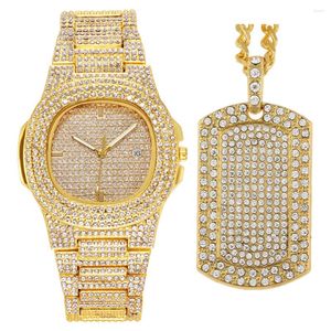 Bilek saatleri Erkekler için Kolye Saati 2 PCS/SET Lüks Buzlu Bling Bling Moda Zincirleri Kolye Takı Altın Relojes Groomsmen Hediye