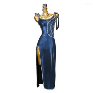 Stage Zużycie High-end Custom Latin Dance Dress Kobiet Blue Diamond High Slit Cha-Cha Tango Costume Costume dla dorosłych