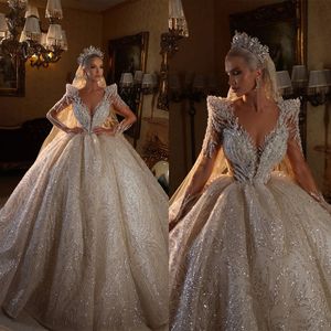 Luxury Ball Gown Wedding Dresses Art Deco-inspired Neck Shining Sequins Designer Long Sleeves Backless Court Gown Custom Made Plus Size Bridal Gown Vestidos De Novia