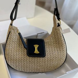 Bolsa de ombro com trama de palha Bolsas tiracolo de praia Moda Letras Fecho de zíper Alça de couro Bolsas femininas Bolsa