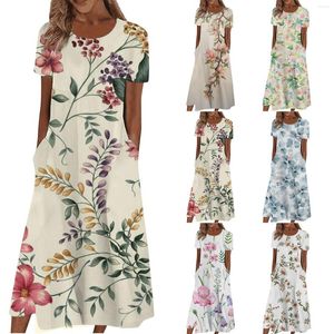 Casual Dresses Women'S Crewneck Pullover Printed Floral Holiday Loose Sundress With Pockets Dress Mauve For Women