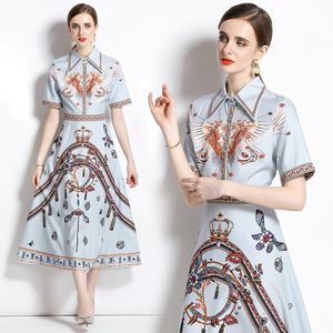 Womens Short Sleeve Dress Boutique Printed Dress 2023 Summer Midi Dress High-end Temperament Lady Dresses OL Runway Dresses