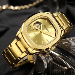 Relógios de pulso esqueleto oco masculino relógio mecânico automático com mostrador steampunk banda de metal dourado relógios de pulso automático relógio de mecanismo masculino