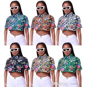 2023 Summer Womens Shirt Fashion Printed Crop Top Lapel Neck Short Sleeve Crop Top Casual Tops Blouse For Ladies