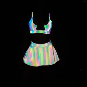 Costumi da bagno da donna Rainbow Reflective Women Rave Costume da bagno Estate 3 pezzi Bikini Set Gonna Mini triangolo Fibbia Reggiseno Top Costumi da bagno Vestibilità aderente