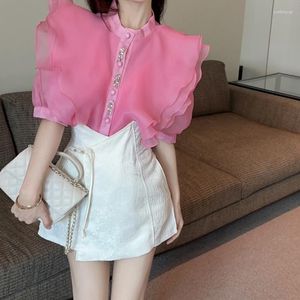 女性用ブラウス甘いピンクのフリルシャツオーガンザパフスリーブブルザムジェルダイヤモンドシャツトップ2023女性用夏の服