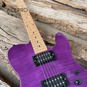 Acepro Purple E-Gitarre Edelstahlbünde 2-teiliger Mahagoni-Körper+Flamme Maple Top Braten Maple Hals Schwarze Hardware