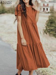 Basic Casual Dresses Women Elegant Ruffles Dress Summer Sundress Casual Short Sleeve Solid Party Vestido ZANZEA Vintage Kaftan Dresses Femme Robe 230614