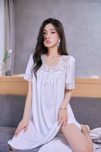 Women's Sleepwear Princess Sexy Square Collar Women Nightgown Summer Short Sleeve Lace Floral Knee-Length Sleepshirts Skirt Loose Home