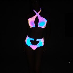 Women's Swimwear Sexy Hollow Dazzling Reflective Bikini Swimsuit Colorful Glow-in-The-Dark Split Halter Swimsuit