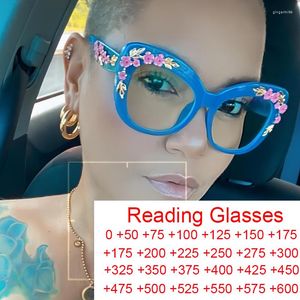 Óculos de sol Moda Feminina Óculos Bloqueadores de Luz Azul Armação Lente Transparente Luxo Flor Barroca Olho de Gato Grande Leitura 0,75 2 3