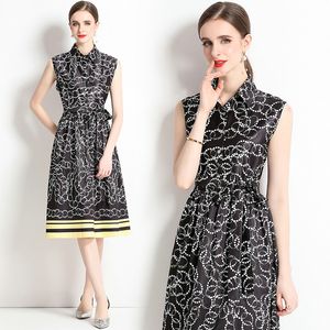 Women Printed Dress Sleeveless Boutique Dress 2023 Summer Floral Dresses High-end Elegant Lady Bow Printed Dresses OL Runway Dresses