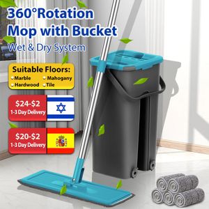 MOPS Flat Squeeze Mop med snurrhink Handfri Wringing Floor Cleaning Microfiber Pads våt eller torr användning på lövlaminat 230613