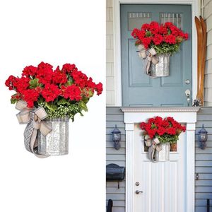 Dekorativa blommor konstgjorda röda pelargon hinkar krans falsk girland vår sommarfestdekor för ytterdörren