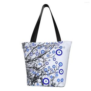 Einkaufstaschen, türkischer böser Blick, Baum, Lebensmittel, Druck, Leinwand, Shopper, Schultertasche, großes Fassungsvermögen, mediterrane Amulett-Handtasche