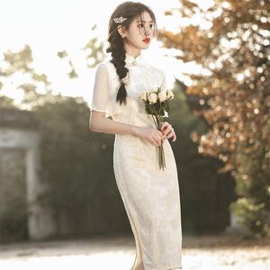 Etniska kläder förbättrade flyghylsa chiffon chiffon cheongsam unga flickor traditionell kinesisk stil spets qipao kväll festklänning för kvinnor