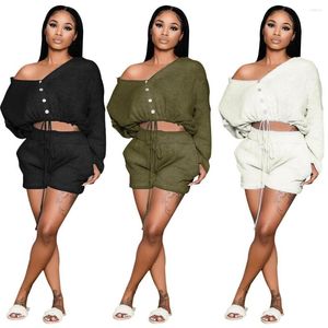 Women's Two Piece Pants Women Fashion Autumn Plus Size Solid Single Breasted Peice Sets Outfits Long Sleeve V-neck Tops Bodycon Elastic