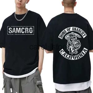 Herr t-shirts söner av anarki samcro dubbelsidig tryck tshirt män kvinnan mode hip hop rock tees kort ärm sommar bomull t skjortor toppar j230614