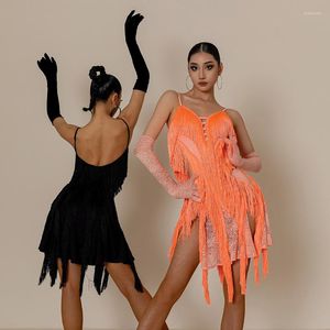 Trajes de palco Roupas de dança latina Feminino Adulto Sexy Vestido de renda com franjas Sling Roupas para prática de rumba Trajes para competição de salão de baile DWY8371