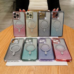 Gradyan Bling Glitter Manyetik Kablosuz Şarj Kılıfları İPhone 15 14 Pro Max Plus 13 12 11 Chromed Yumuşak TPU Mıknatıs Lüks Kaplama Metalik Elmas İnce Delik Kapağı