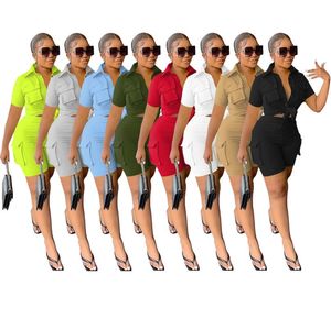 2023 New Summer Women Tracksuits 2 Piece Set Outfits Sexy Solid Color Short Sleeve Shirt And Shorts Matching Suits