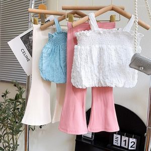 Clothing Sets 2023 Summer Child Clothes Sleeveless Ruched Loose Flare Pants White 2 Piece Designer Girls 18M-7T