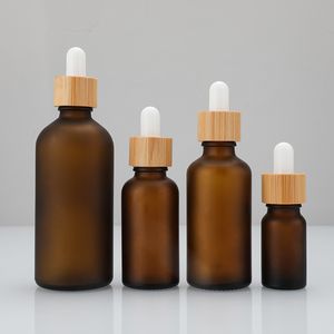 Frosted Brown Glass Dropper Bottle With Bamboo Lid Top Cosmetic Cuticle Hair Essential Oil Bottles
