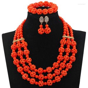 Necklace Earrings Set 2023 Latest Peach Coral Beads African Women Jewelry Handmade Balls Chunky Bib Wedding CL035