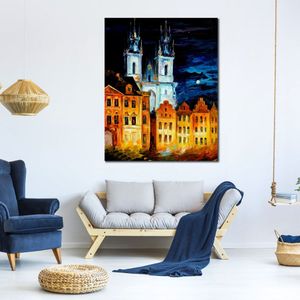Modern Impressionist Canvas Wall Art Blue Castle Hand Painted Street Landscape Painting for Apartment Decor