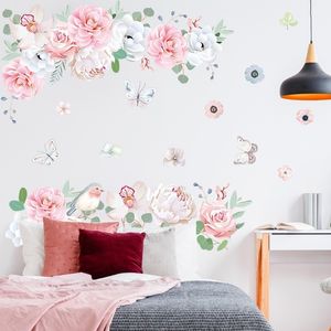 Small Fresh Pink Flowers Green Leaf Stickers Bedroom Porch Home Wall Decoration Wall Stickers