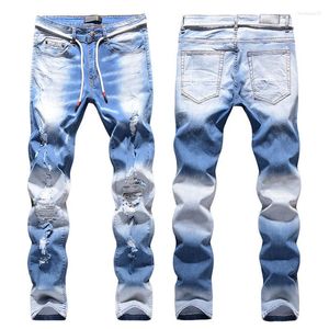 Men's Jeans Mens High Street Denim Pants Boys Spring Light Blue Stereo Cat Beard Knee Hole Elastic Slim