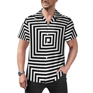 Camisas Casuais Masculinas Linha Preto e Branco Camisa de Praia Quadrada Ilusão de Ótica Havaí Blusas Engraçadas Mangas Curtas Roupas Padrão