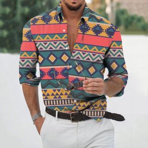 Mens Casual Shirts Retro Ethnic Tribal Aztec Mönster LAPEL Långärmning Camisa Masculina Relaxed Fit -knapp Up Shirt Blus 230614