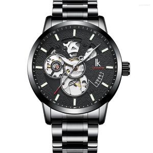 Orologi da polso IK Coloring Luxury Top Brand Orologio meccanico automatico nero Fashion Skeleton Design Lancette luminose Acciaio inossidabile