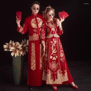 Ubranie etniczne 2023 Retro chińskie rafinowane stylowy kołnierz mandarynki Cheongsam Bride Red Phoenix Haftowa suknia ślubna