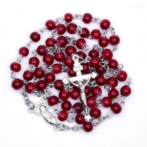 Chains 6mm Vintage Red Color Beaded Cross Pendant Necklace Women Men Geometric Rosary Catholic Religious Jewelry