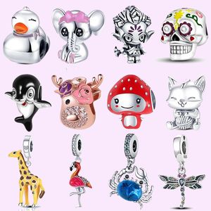 Encantos de prata esterlina 925 para fabricação de joias para contas de pandora 925 pulseira animais caranguejo pato girafa série conjunto de encantos