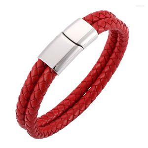 Charm Bracelets Simple Men Women Jewelry Trendy Red Double Braided Leather Bracelet Handmade Stainless Steel Magnetic Clasp Bangles Gift