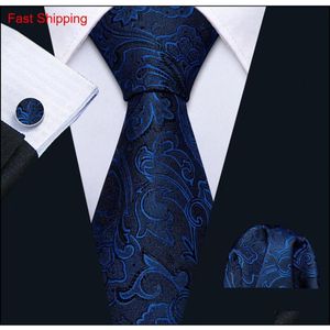 Fast Mens Ties 100% Silk Designers Fashion Navy Blue Floral Tie Hanky Cufflinks Sets For Mens Formal Wedding Party Groom 251H325I
