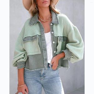 Damenjacken Vintage Damen-Patchwork-Waffelmantel mit Brusttaschen, Knopfleiste vorne, kurze Jacke, Oberbekleidung, Frühling und Herbst, lässig