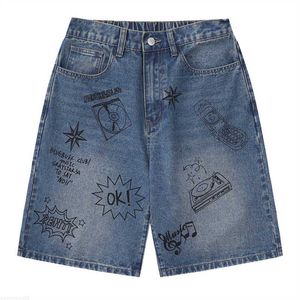 Shorts masculino novo padrão Y2K com estampa de grafite e perna larga short jeans casual shorts vintage masculino feminino Harajuku casual jeans solto