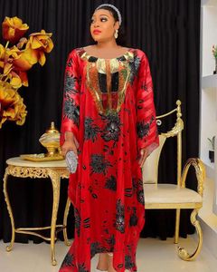 Etniska kläder 2023 Plus Size Red Print African Sequins Dress for Women Elegant Lady Wedding Party Gown Summer Nigerian Chiffon Kaftan Robe
