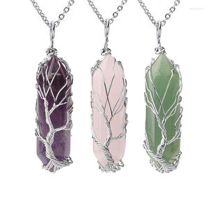 Anhänger Halsketten Naturstein Baum des Lebens Sechseckige handgemachte Wicklung Silber Farbe Kristall Halskette für Frauen Männer Charm Schmuck