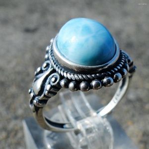 Cluster Rings Delicate 925 Sterling Silver Oval Shaped 6x8mm Opening Natural Larimar Jewelry Ring Leaf