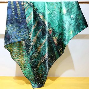 Scarves Oil Painting Double Sided Silk Scarf Shawls Bandanna Pashmina 110CM Foulard Female Luxury Hijab For Women Echarpe