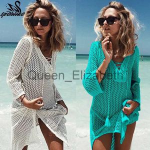 Abiti casual 2018 New Beach Cover Up Bikini Crochet lavorato a maglia con nappa Cravatta Costumi da bagno Estate Costume da bagno Cover Up Sexy Abito da spiaggia trasparente J230614