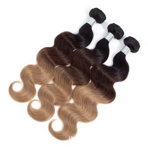 1B/4/27 Ombre Human Malaysian Virgin Hair Wefts Body Wave Three Tones Color 1B4 27