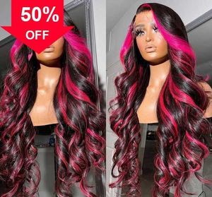 Human Hairplucked Hair Capless Wigs Synthetic 30inch Ombre Pink Color Body Wave Wig Pre Lace Front for Black Women