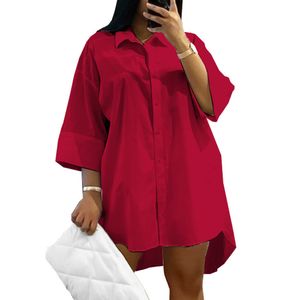 Plus storlek klänningar storlek 5xl kvinnor skjorta klänning fast färg vriddown krage sommar mini lady casual lös oregelbunden strand vestidos 230613